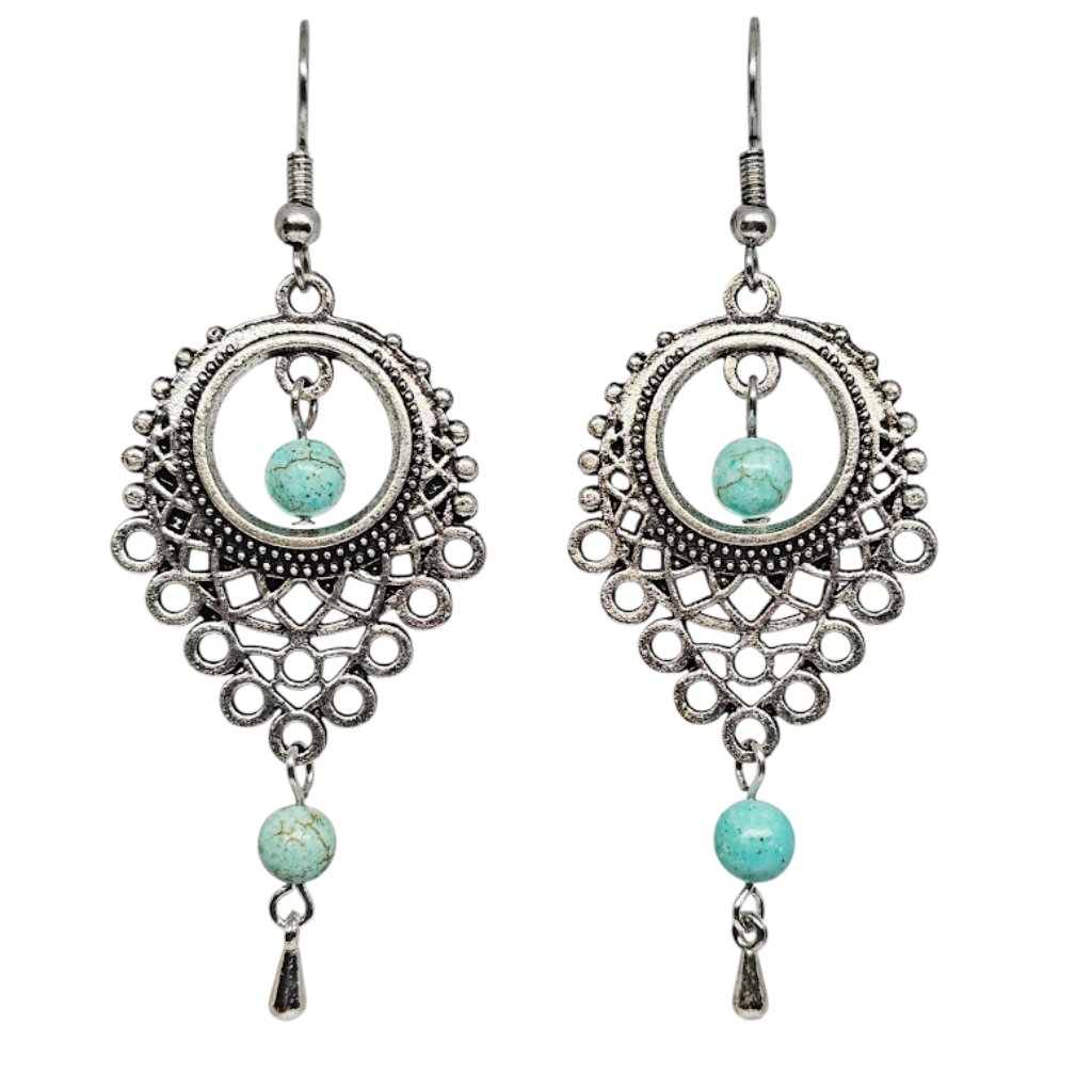 Handmade Turquoise Howlite Gemstone Beaded Silver Chandelier Boho Dangle Earring